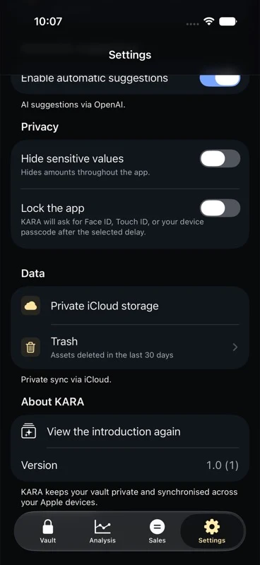 Privacy and iCloud settings in Kara