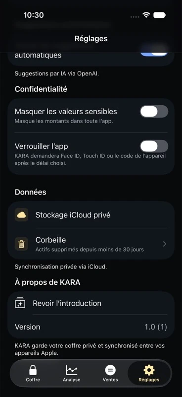 Réglages de confidentialité et iCloud dans Kara